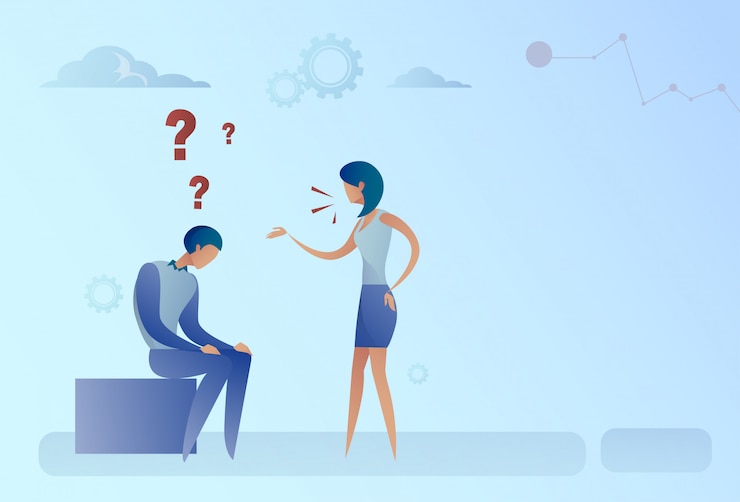 Vector business man and woman with question mark pondering problem concept