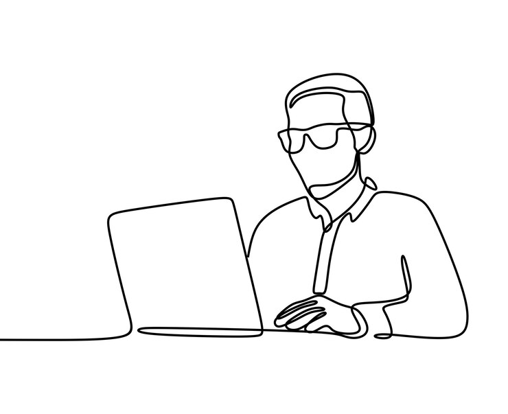 Vector business man work on laptop oneline continuous single line art