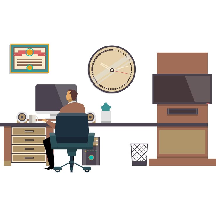Vector business man work at office desk using computer vector icon home office design interior coworking space entrepreneur workplace