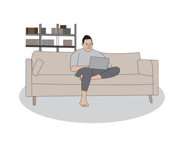 Вектор Деловой человек, работающий на диване с помощью ноутбука из дома, плоская раскраска, минимальная иллюстрация