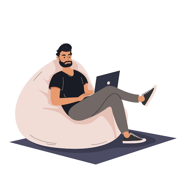 Vector business man working online at laptop computer sitting in bean bag chair