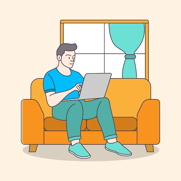 Деловой человек, работающий на диване с помощью ноутбука из дома, плоская раскраска, минимальная иллюстрация
