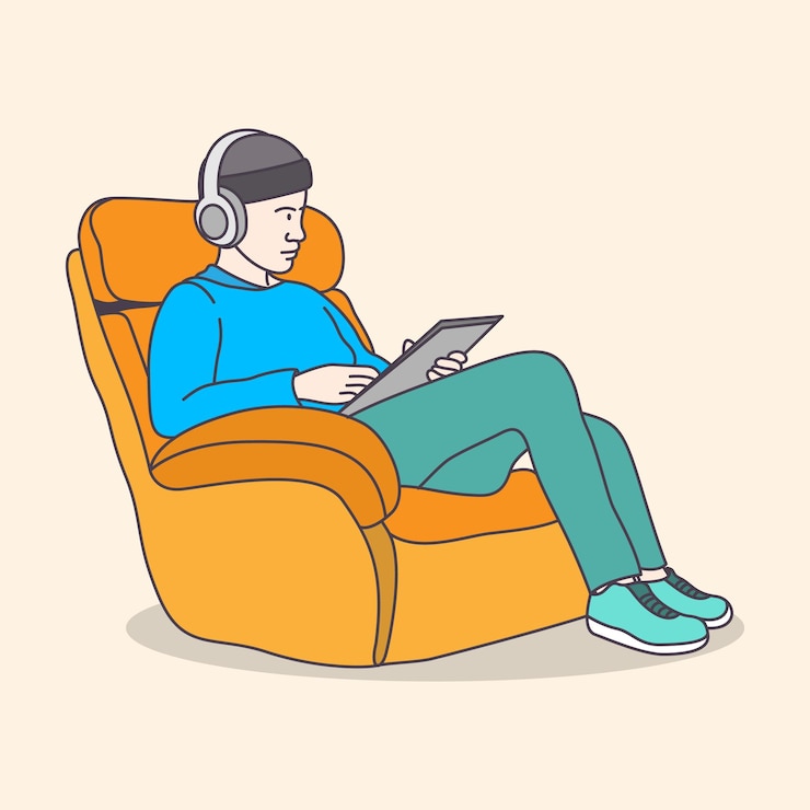 Vector business man working on a sofa using laptop from home flat coloring line art minimal illustration