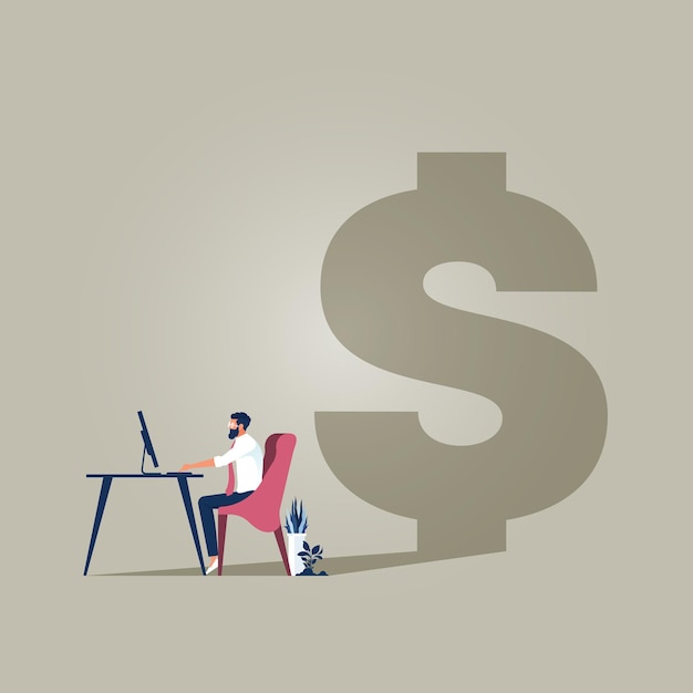 business man working with computer on the deck with dollar sign shadow, work hard to make money vector concept