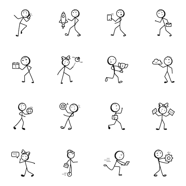 Vector business management doodle stick figure icons