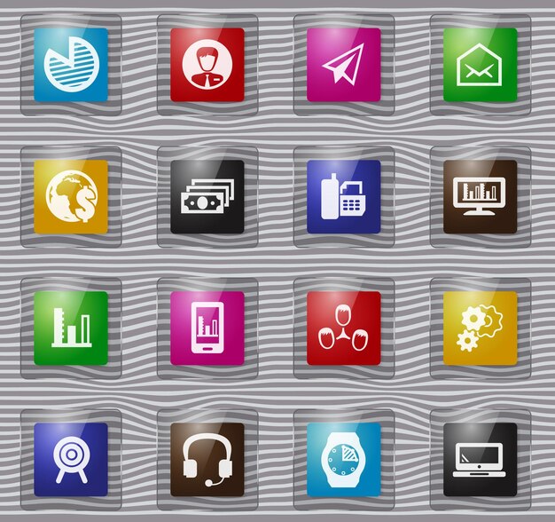 Vector business management and human resources glass icons set