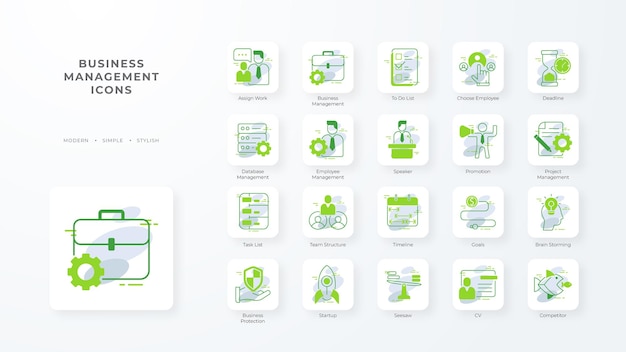 Business management icon collection with green outline style office teamwork meeting strategy professional manager corporate Vector Illustration