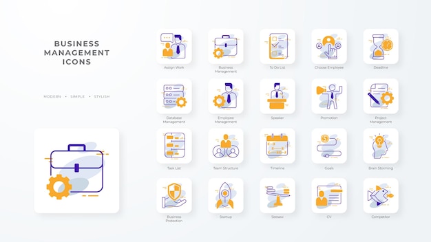 Business management icon collection with orange purple outline style office teamwork meeting strategy professional manager corporate Vector Illustration