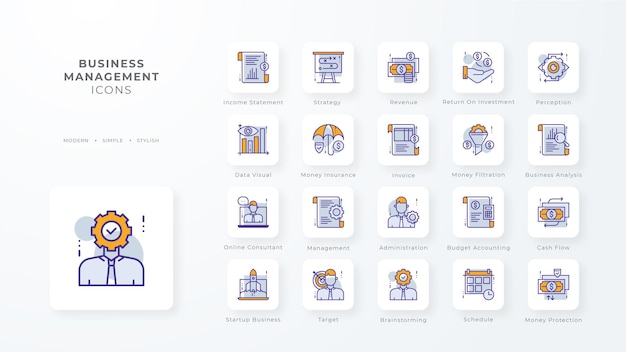 Business management icon collection with purple and orange duotone style Corporate currency database development discover document e commerce Vector illustration