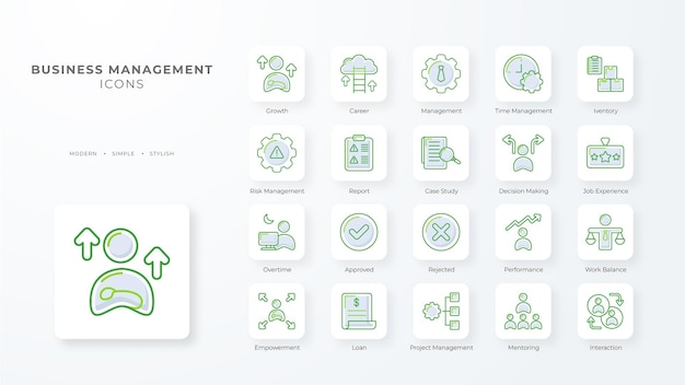 Business management icoon collectie met groene schets stijl kantoor teamwerk vergadering strategie professionele manager corporate vectorillustratie