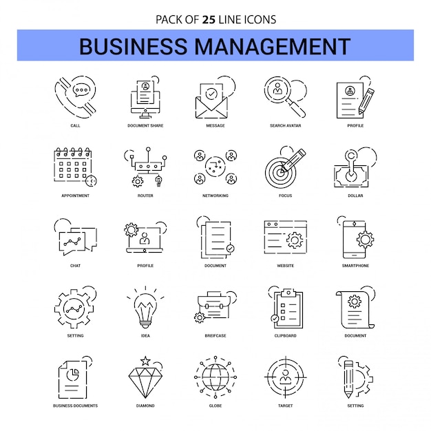 Business management line icon set - 25 dashed outline style