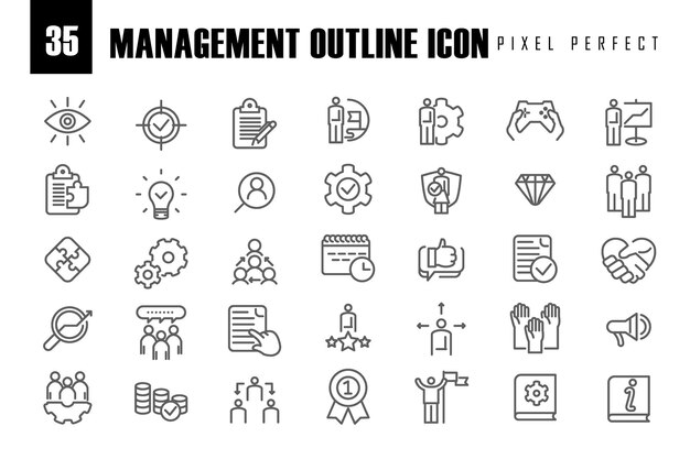 Raccolta di icone pixel perfette per la gestione aziendale progettata per dispositivi mobili e web set di icone web semplici