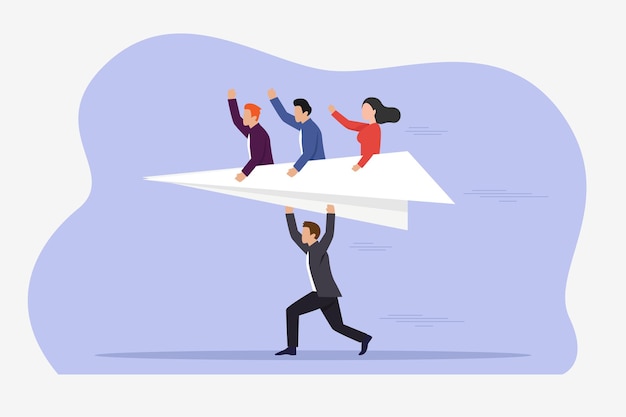 business manager launching paperplane with workers