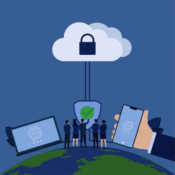 Vector business manager tap on shield with check mark and connected phone laptop to cloud with padlock.