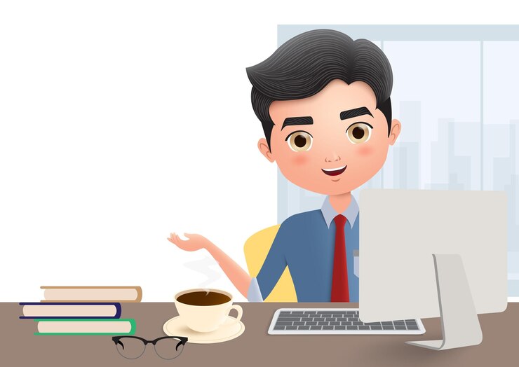 Vector business manager vector character male business character talking and sitting in office desk