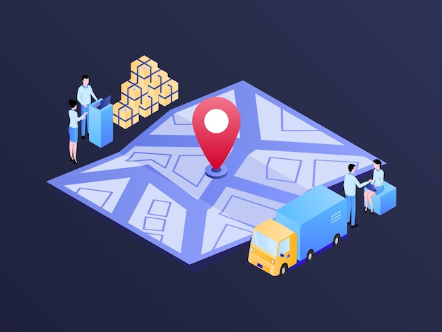 Business Map Package Sent Tracking Isometric Illustration Dark Gradient Suitable for Mobile App Website Banner Diagrams Infographics and Other Graphic Assets