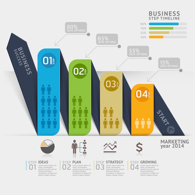 Modello di cronologia della freccia di marketing aziendale per il layout del flusso di lavoro, diagramma, opzioni di numero, infografica.