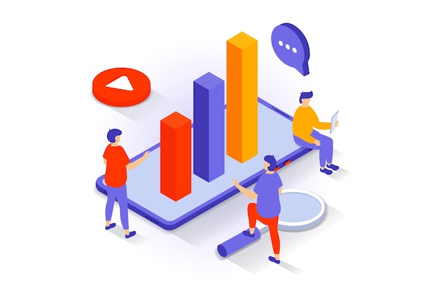 Vector business and marketing concept in 3d isometric design people analyzing data developing company promoting in social networks with ad content vector illustration with isometry scene for web graphic