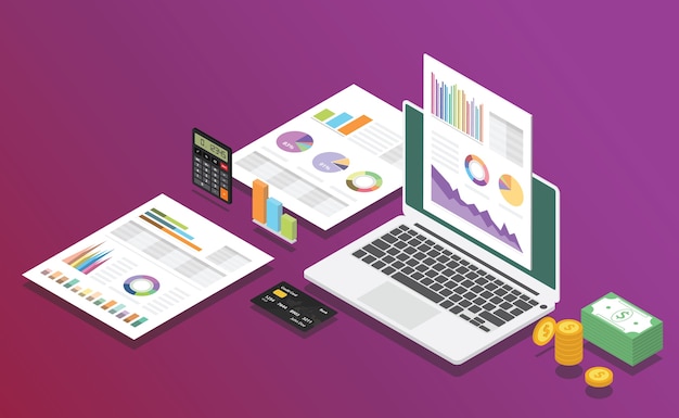 Business marketing digital report with isometric style with laptop