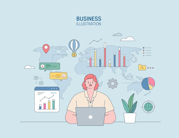 Business Marketing illustration men and women engaged in business