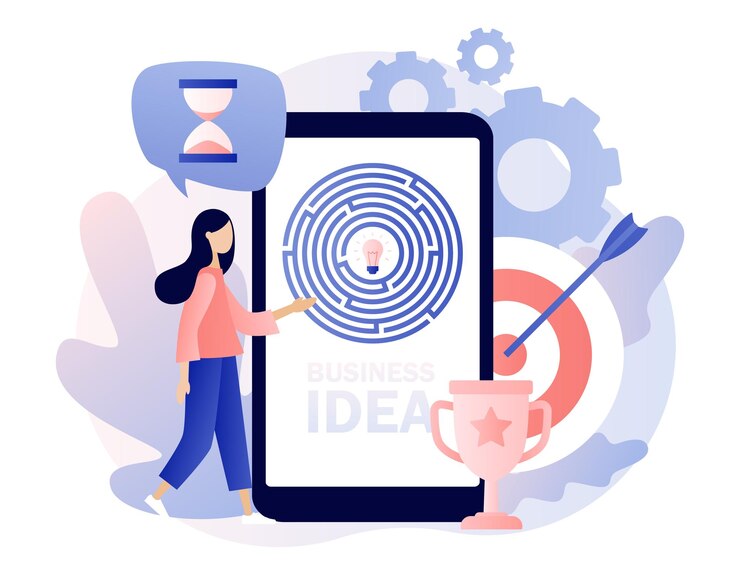 Vector business maze concept business metaphor tiny girl looking for a way to idea through the labyrinth