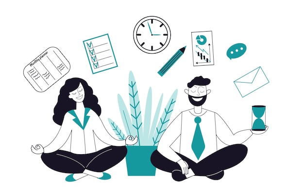 Business meditation characters. Female relax, businesswoman in yoga pose. People stress, effective keeping calm decent vector concept. Character female and male business yoga in office illustration