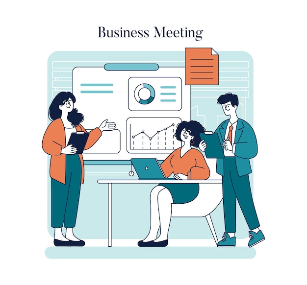 business meeting concept colleagues engage in a corporate strategy session with graphs and charts