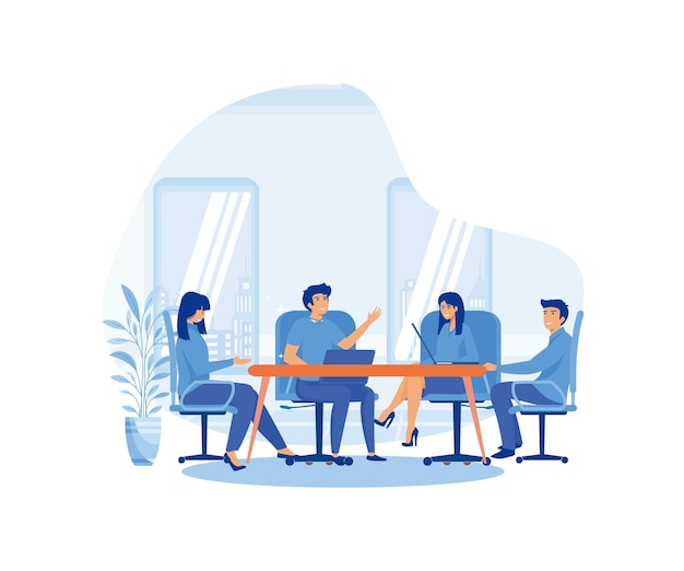 Концепция деловой встречи Команда людей, сидящих за столом с ноутбуками, работающих вместе, обсуждающих стартап Встреча коллег плоская векторная современная иллюстрация