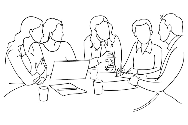 Business meeting discussion between worker in cafe round table cartoon vector illustration