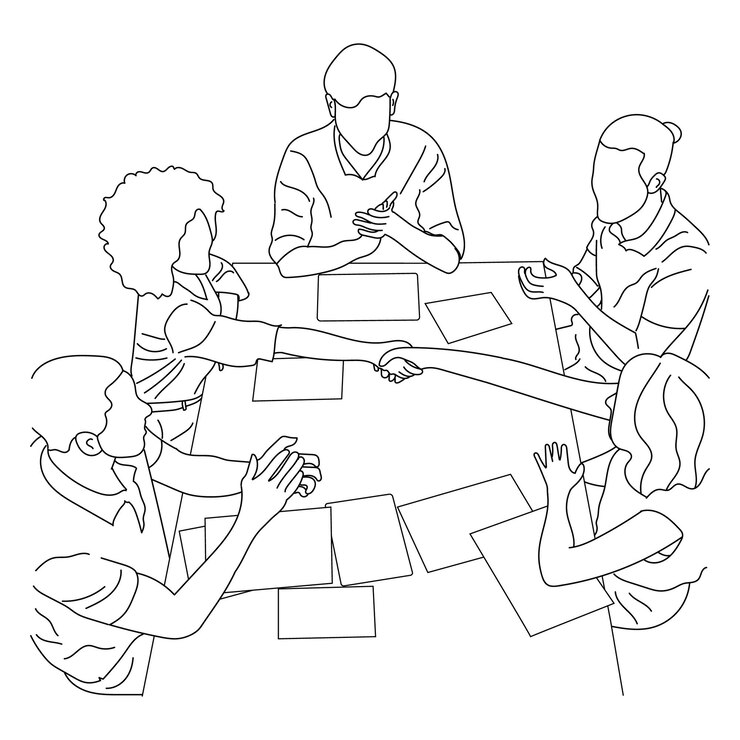 Vector business meeting discussion between workers in the office hand drawn vector illustration line art