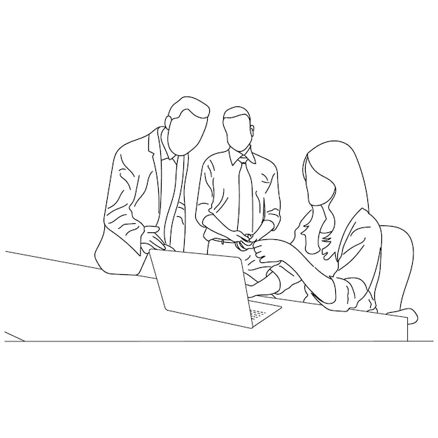 Business meeting discussion between workers in the office hand drawn vector illustration line art