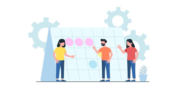 Business meeting flat illustration. concept of business\
workflow, time management, planning, task app, teamwork. creative\
flat design for web banner, marketing material, business\
presentation