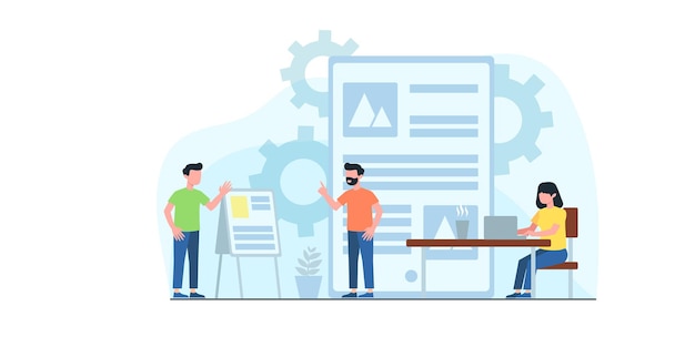 Business meeting flat illustration. Concept of business workflow, time management, planning, task app, teamwork. Creative flat design for web banner, marketing material, business presentation