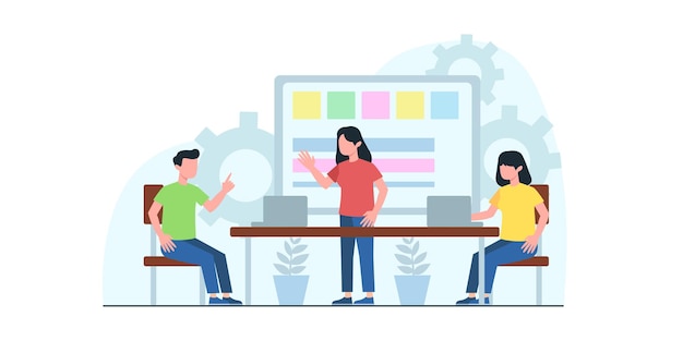 Business meeting flat illustration. concept of business\
workflow, time management, planning, task app, teamwork. creative\
flat design for web banner, marketing material, business\
presentation