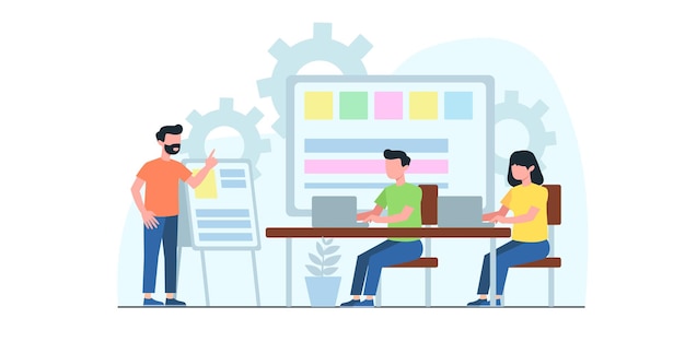 Vector business meeting flat illustration. concept of business workflow, time management, planning, task app, teamwork. creative flat design for web banner, marketing material, business presentation