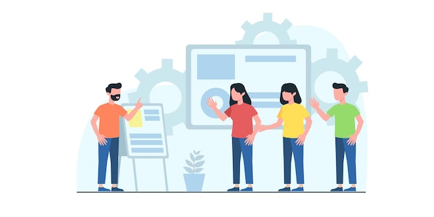 Business meeting flat illustration. concept of business workflow, time management, planning, task app, teamwork. creative flat design for web banner, marketing material, business presentation