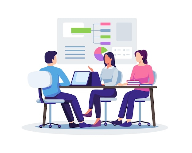 Vector business meeting illustration concept. people on presentation conference, business workflow, planning and strategy. vector illustration in a flat style