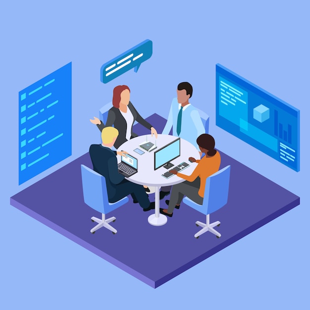 business meeting in international company isometric  illustration
