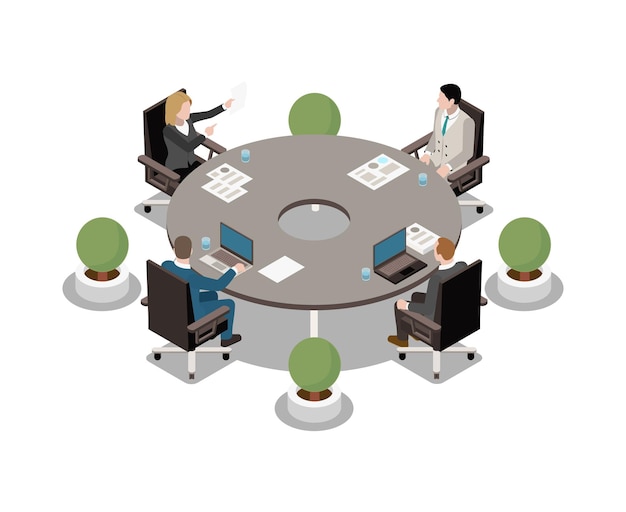 Business meeting isometric icon with people sitting at round table 3d