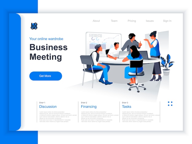 Business meeting isometric landing page. team of colleagues discussing project in conference room situation. productive corporate teamwork, data analyzing and strategy planning perspective flat design