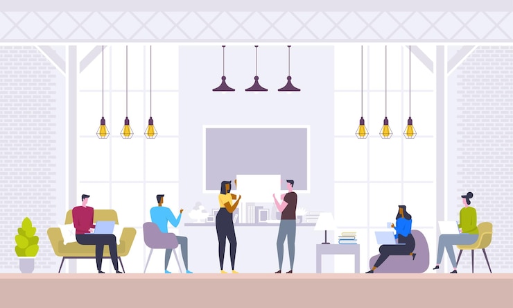 Vector business meeting, negotiation, brainstorming. confident and successful team. group of young modern people discussing business while sitting in the creative office.