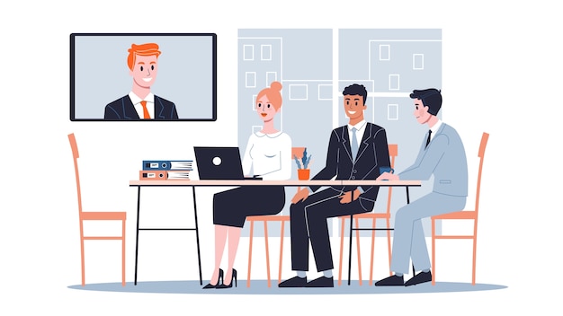회의실 개념에서 온라인 비즈니스 회의입니다. 세미나 팀. 삽화