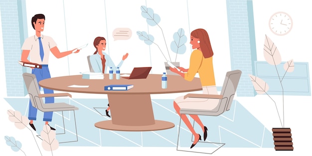 Business meeting people concept in modern flat design. Employees team sitting at table, brainstorming and discuss tasks. Colleagues work in office person scene. Vector illustration for web banner