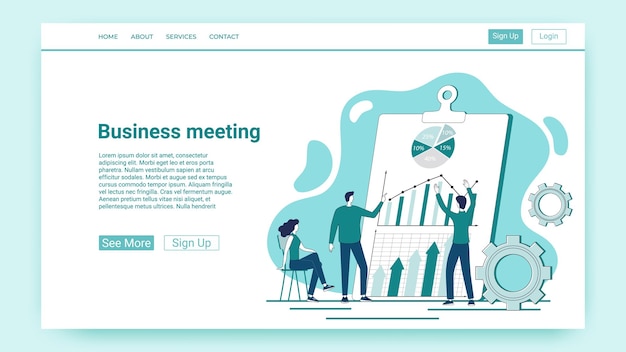 ベクトル ビジネスミーティンググラフや図の背景にいる人々がビジネス上の問題を解決します