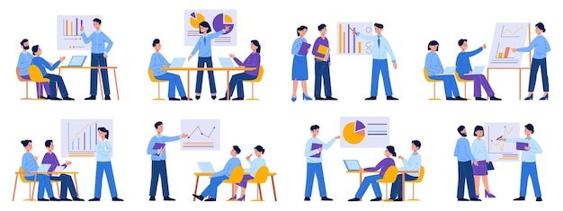 Business meeting or presentation business coach and office team Office team business training or conference vector illustration set Teamwork presentation business meeting and seminar