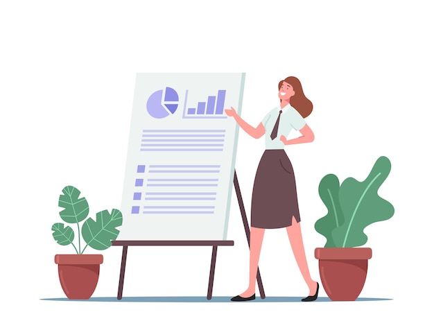 Business meeting, project presentation for audience, business\
coach character pointing on financial pie chart on board