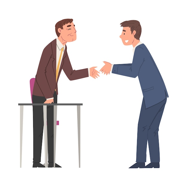 Vettore incontro commerciale due uomini d'affari in abito che si stringono la mano e comunicano illustrazione vettoriale