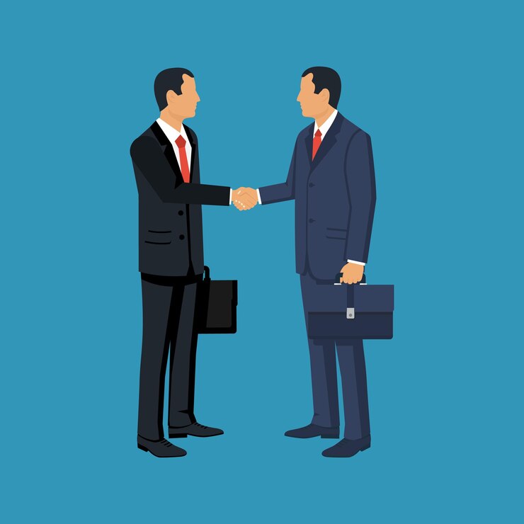 Vector business meeting two businessmen in suits with briefcase shake hand handshake symbol successfu deal