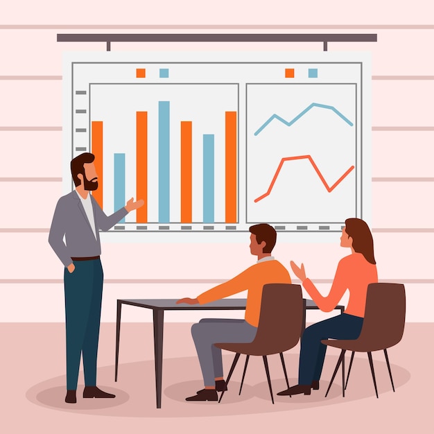 Business meeting vector cartoon illustration in a flat style of a group of diverse people leading a discussion at a table near a whiteboard with charts and graphs isolated on background