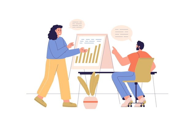 Concetto web di riunione d'affari con scena di persone donna e uomo che discutono dei dati finanziari dell'azienda alla scheda di presentazione e alla strategia di pianificazione situazione caratteriale in design piatto illustrazione vettoriale